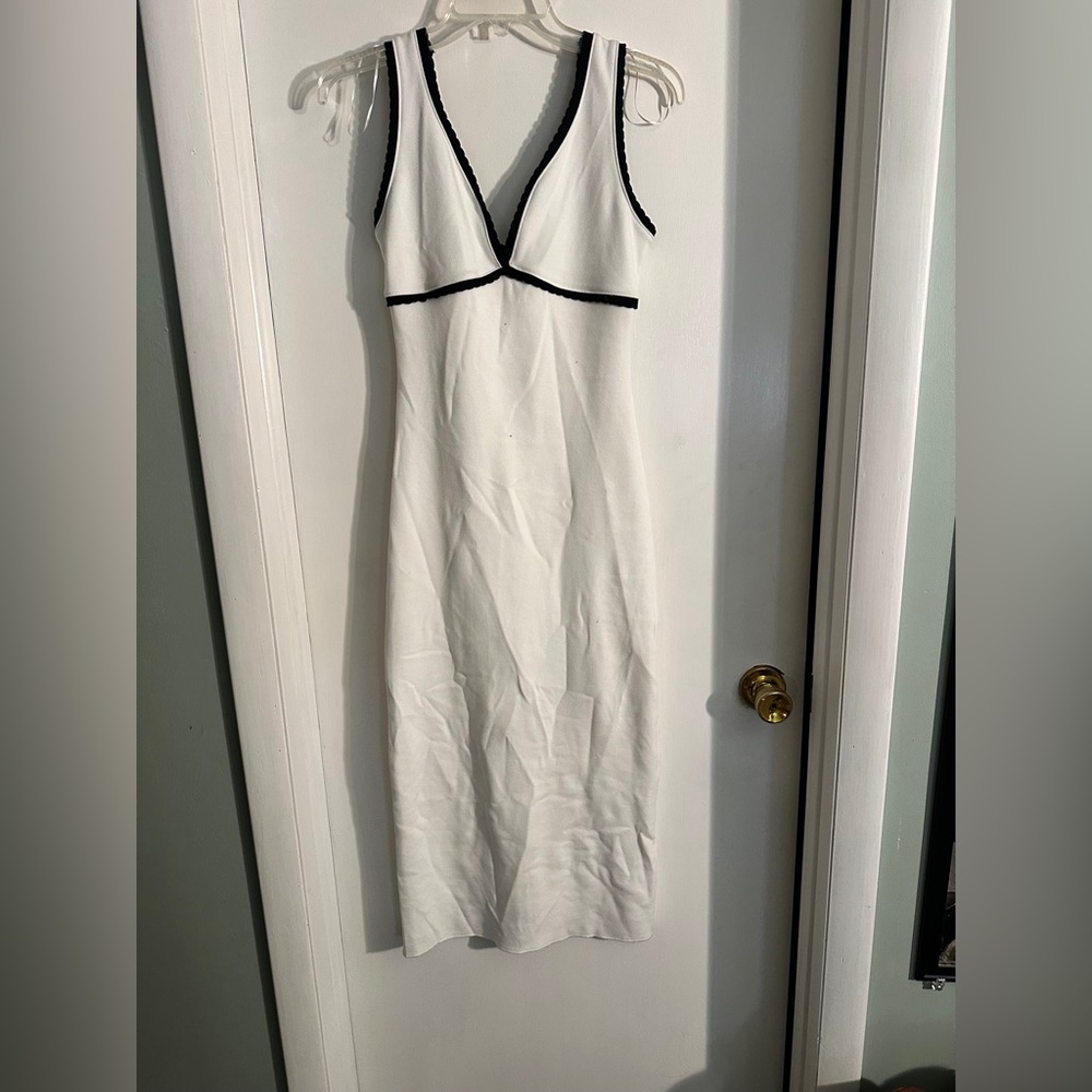 ZARA Chic White Midi Dress with Black Trim NWT